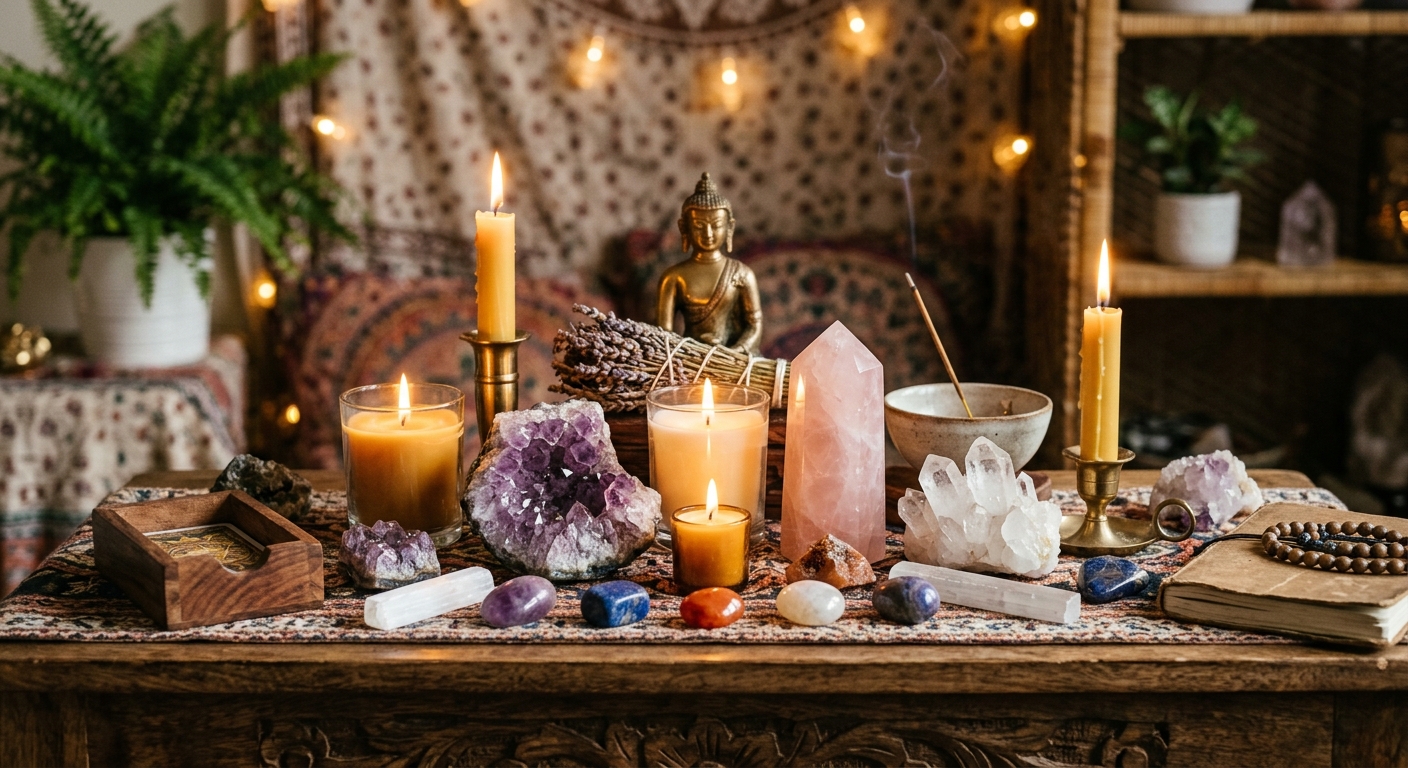 Krystaller arrangeret på meditationsalter med stearinlys der viser ritualistisk opbygning