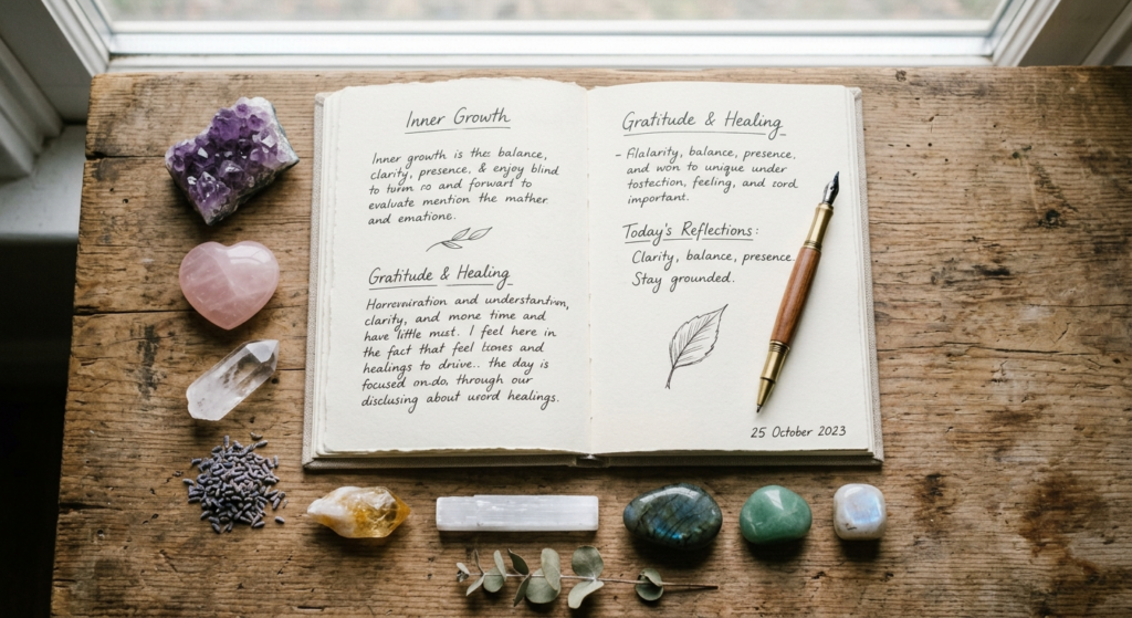 Åben journal med krystaller arrangeret omkring den til spirituel journaling og selvrefleksion