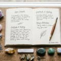 Åben journal med krystaller arrangeret omkring den til spirituel journaling og selvrefleksion