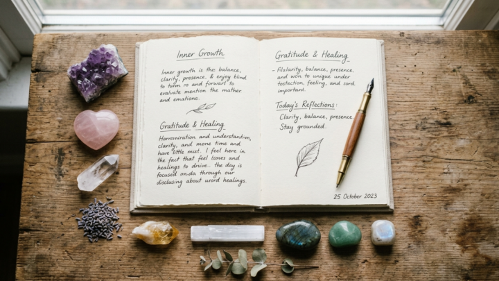 Åben journal med krystaller arrangeret omkring den til spirituel journaling og selvrefleksion
