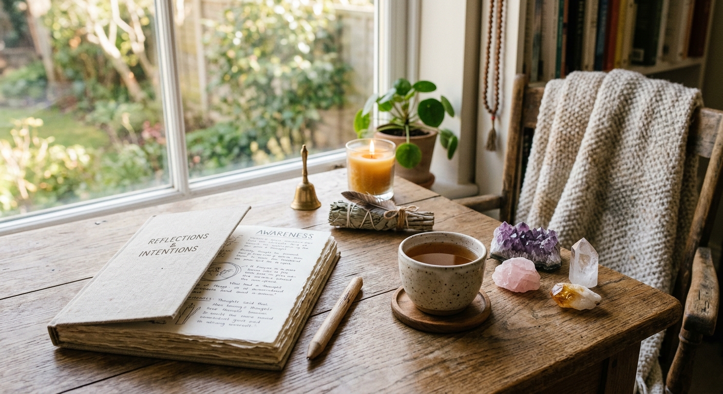 Hyggelig arbejdsplads med journal, krystaller og spirituelle elementer i naturligt lys